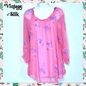 ⭐️ Micky Vintage Silk Floral Tunic Blouse Mini Dress Pink Blue Fully Lined
